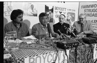 Cesar Chavez with CFU [Canadian Farmworkers Union], CLC [Canadian Labour Congress], B.C. Fed [British Columbia Federation of Labour] at CFU office re: grape boycott