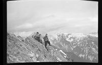 Pyramid of Crown [Mountain] looking north and east, Apr. 8, 1951: L. [Left] to R. [right], Dick Kitchen, Don Montgomery & Paul Binkert