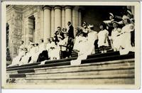 [Group of people on steps of British Columbia Parliament Buildings in Victoria, B.C. during a May Day celebration]