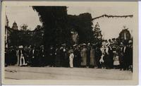 [Crowd of people dressed up standing on the side of a street in Victoria, B.C.]