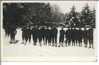 [Group portrait of men in the snow at Cowichan, B.C.]