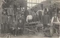 [Group portrait of numerous Doukhobor workers at a brick factory in an unknown location]