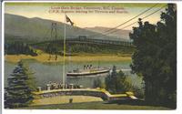 Lions Gate Bridge, Vancouver, B.C. Canada. C.P.R. Steamer leaving for Victoria and Seattle.