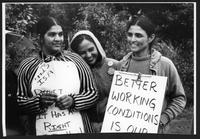 Hoss Farm mushroom workers' picket line in South Langley, BC. Sakhdarshanpar Machi, Jasbir Kaur Sagoo and Jasweer Kaur Brar (left to right), fired for joing the Canadian Farmworkers Union.