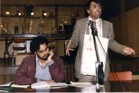 Forum for Communal Harmony, South Vancouver Meeting. Lawyer Ujjal Dosanjh and Vancouver Sath writer Sukhwant Hundal. Circa 1985.