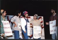 Vancouver Sath Picket Line Tour, Fraser Valley, BC, 1988. Actor Sukhwant Hundal talks to the fired farm workers in Vancouver Sath's play 'Picket Line'. Actor Harji Sangra (far right).
