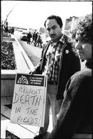 A Time To Change Exhibition. Photo 17 by Craig Berggold. Raj Chouhan, president, Canadian Farmworkers’ Union, and Judy Cavanagh, staff rep, rally at the Workers’ Compensation Board Headquarters. Richmond, BC, March 22, 1983.