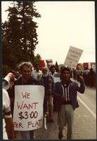 Driediger Farms, Langley, CFU demonstration. CFU Secretary Treasurer Charan Gill with bulhorn. We want $3 per flat.