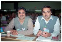 Canadian Labour Congress, Montreal, 1984. CFU delegates Sarwan Boal (left) and Raj Chouhan at the convention floor.