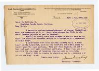 [Letter] 1901 April 3, Toronto [to] Major de Ballinhard, Dominion Lands Agent, Yorkton
