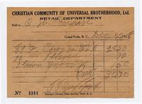 [Receipt for] $30.70 [from] Christian Community of Universal Brotherhood Ltd., Retail Department, 1928 December 22