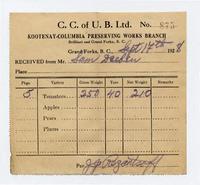 [Receipt from] C. C. of U. B. Ltd. Kootenay-Columbia Preserving Works Branch, 1928 September 18