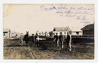 [Photographic postcard of a Doukhobor village, with men and horses, c. 1906]