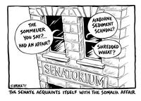 "The sommelier you say? ... Had an affair?" "Airborne sediment scandal?" "Shredded wheat?"  The Senate acquaints itself with the Somalia Affair