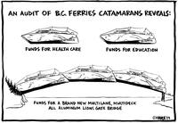 AN AUDIT OF B.C. FERRIES CATAMARANS REVEALS: FUNDS FOR HEALTH CARE FUNDS FOR EDUCATION FUNDS FOR A BRAND NEW MULTILANE, MULTIDECK ALL ALUMINUM LIONS GATE BRIDGE
