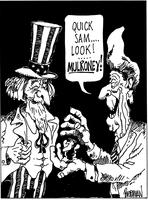 "Quick Sam...Look!...Mulroney!" L-R:Uncle Sam. Prime Minister Brian Mulroney. U.S. Pres. Ronald Reagan. Refers to special relationship Reagan and Mulroney supposedly had: Mulroney as leprechaun(?).