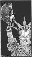 Nixon as Statue of Liberty holding an eagle with dead dove