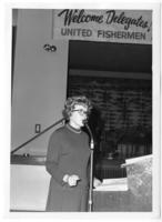 [Photo of a woman speaking at the 1971 UFAWU (United Fishermen and Allied Workers Union) Convention]