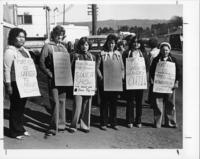 [Group photograph of six women protesting the Port Alberni Fish Co. and its working conditions]