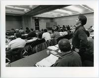 Davin Karjala speaking during debate at UFAWU-CAW (United Fishermen and Allied Workers Union - Canadian Auto Workers Union) convention during session at CAW hall, Feb 5, 1998