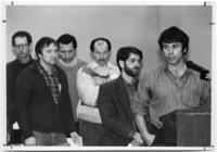 Gillnetters at mic, 1982 convention. R to L.  John McI[illegible], Mark Warrior, Russ Nugent, Lorne Iverson, Mike Emes, Richard Tarnoff (troller)