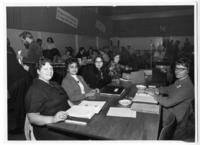 [Five women sitting around a table during the 1972 UFAWU (United Fishermen and Allied Workers Union) Convention]