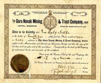 Guru Nanak Mining & Trust Company certificate